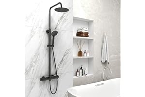 AICA SANITAER Columna de ducha termostática negra, sistema de baño juego de ducha altura ajustable, antiescaldado, ducha de mano de 3 modos (Redondo Negro)