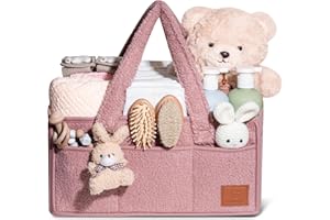 GABI STORE Nappy Caddy Organiser Changing Basket Baby Essentials Baby Hamper Basket Portable Travel Bag Luxury Soft Fabric Rabbit Key Ring Detachable Compartments Large Capacity Long Handles Pink