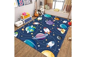 MUOUCTE Planet Area Rug, 120x180cm Kids Cartoon Rocket Astronaut Boys Bedroom Decorative Rug, Washable No Shedding Low Pile Rug With Non-Slip Rubber Backing for Living Room Dorm Game Room Rug