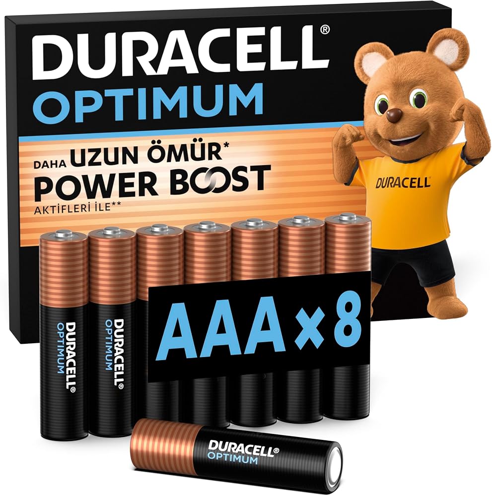 DURACELL OPTIMUM AAA Alkalin İnce Kalem Pil (8’li Paket) – 1,5V | POWER BOOST AKTİFLERİ İLE DAHA UZUN ÖMÜR Modern Cihazların Taleplerini Karşılar- %100 Geri Dönüştürülebilir