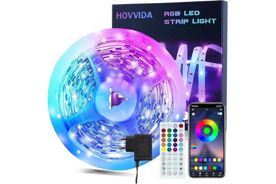 HOVVIDA Ruban LED 10M, 1x10M, 30 LED/Mètre, 24V RVB Bande LED, 300 LED, APP et Télécommande, Synchronisation de la Musique, M