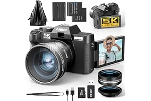 NBD 5K Digitalkamera 64MP mit Autofokus & 16X Zoom, 3" 180° klappbarem Display, WiFi – Inkl. Weitwinkel/Makro-Linse + 2 Akkus + 64GB Karte (Schwarz)
