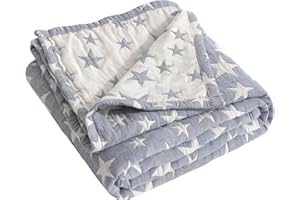 NTBAY 3 Layer Baby Muslin Cotton Toddler Blanket, 76x102 cm Jacquard Reversible Nursery Bed Blanket, Super Soft and Thermal Cot Bed Blanket for All Seasons, Baby Gift, 76x102 cm, Blue White Star