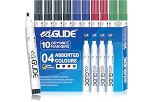 Eziglide 10-Pack Whiteboard Pens Bullet Tip – 4 Assorted Colors, Quick-Dry, Smudge-Free Ink - Ideal for Whiteboard, School, Classrooms, Flipcharts & Office Use (Black, Blue, Red & Green)