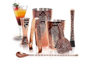 SKY FISH Set di Shaker Per Cocktail - Kit Barman Per Cocktail in Rame Inciso in Confezione Regalo Da 7, lavaggio a Mano.
