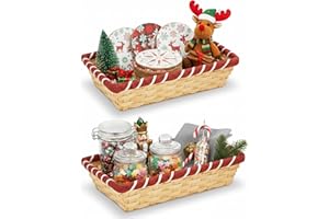 ALAYSTAR Set of 2 Rectangle Wicker Hamper Christmas Basket Handmade Natural Split Bamboo Hampers with Red Decorative Trim Xmas Gift Baskets & Storage Boxes