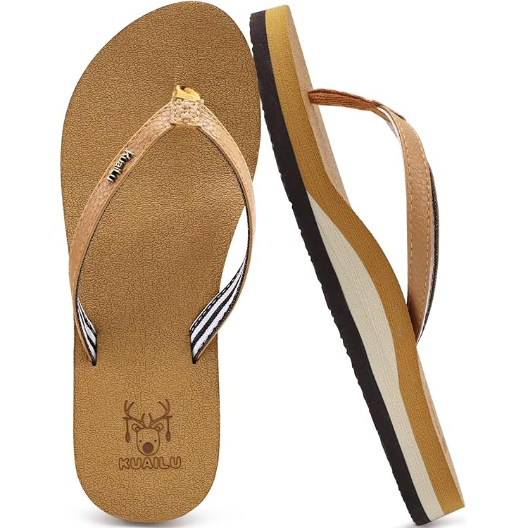 KuaiLu Dames Flip-Flops met voetboogondersteuning Comfortabele yogamat kussen teenschoenen van leer voor dames mode slip-on zomer strand wandelen slides binnen buiten reis orthopedische slippers