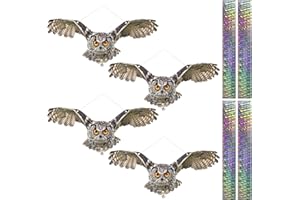 LIFREER 4 búhos falsos de halcón para asustar pájaros, decoración reflectante para colgar, águila falsa impresa de doble cara para mantener a los pájaros lejos del patio, jardín, ventanas, porche, árbol