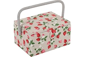 Hobby Gift Exclusive Medium Sewing Craft Hobby Storage Box, Accessories Tray Pin Cushion Pocket PVC Handle 18.5 x 25.5 x 14.5cm, Strawberries