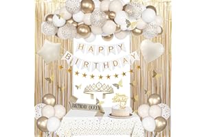 BlueCloudy Geburtstagsdeko Frauen, Geburtstag Deko Weißsand Beige Creme neutrale Gold Folie Luftballons Tischdecke Schärpe Krone Vorhänge Happy Birthday Banner Stern Girlande für Frau Decorations