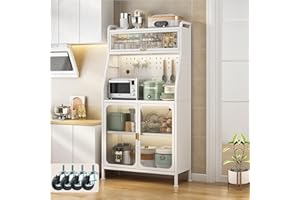 Fiutazge Mueble Auxiliar Cocina con Ruedas,Vitrina,Mueble Comedor,Moderno Armario Alto de Cocina con Puertas y Estantes Ajustables para Sala de Estar, Comedor, Entrada 66 x 36 x 160 cm Blanco