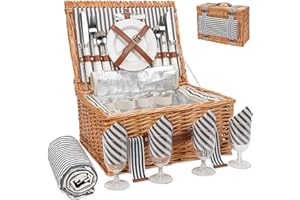 G GOOD GAIN Picknickkorb aus Weidengeflecht für 4 Personen mit großem, isoliertem Kühlfach und wasserdichter Picknickdecke, Besteck-Service-Kits, Weidenkorb für Camping, Valentinstag, Erntedankfest, Geburtstag