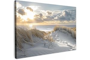 MuchoWow© Bild auf Leinwand Groß 120x80 cm XXL Schlafzimmer Bilder Badezimmer Wand Deko Wohnzimmer Modern Wanddeko Bilderwand Geschenk Sonnenuntergang - Dünen - Pflanzen - Natur - Strand