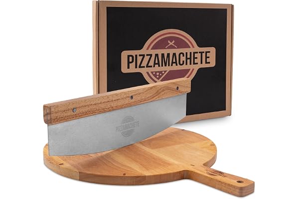 PIZZAMACHETE Roulette à pizza + planche à pizza, set à pizza composé d'un couteau de pesée et d'une planche à pizza - Accessoires avec cutter en acier inoxydable - Planche à pizza avec manche en bois