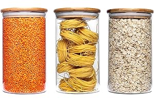 Bewunder Tirol Set di barattoli in vetro borosilicato 3 x 1L con coperchio in bambù naturale per conservare cereali, pasta, zucchero, farina e altro ancora
