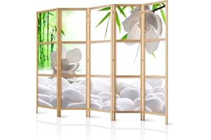 decomonkey 5 Panelli Paravento - 225 x 171cm Pietre bianche Bambù fiore d'acqua Divisorio Separè per la separazione degli ambienti la casa l'ufficio la spa