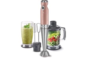 Sencor minipimer immersione SHB 56XX, frullatore 4 in 1, frullatore elettrico con bicchiere da 800ml, tritatutto elettrico, fruste elettriche, potenza da 1200w, 20 velocità (rosa)