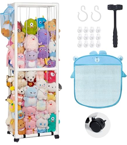 Ahatstor Porta Peluche In Legno Massello - Scaffale Salvaspazio Per Cameretta, 135x40x40 Cm, Con Corda Elastica - 6