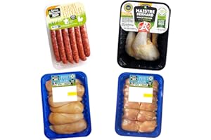 Royal Bernard - Assortiment Plaisir - Colis de 4 Savoureux Produits de Volaille - 6 merguez de volaille + 1 barquette de sauté de poulet + 6* filets de poulet + 4* cuisses de poulet fermier