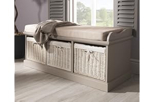 Tetbury Truffle Storage Bench with 3 white baskets. Hallway storage bench. Very Sturdy. Fully Assembled