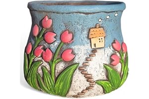 TIN DREAMS FACTORY | Pot de Jardin des Tulipes - Pot de Fleurs Décoratif en Béton Peint à la Main - Jardinière pour Plantes et Fleurs - Intérieur et Extérieur - Terrasse, Patio, Jardin