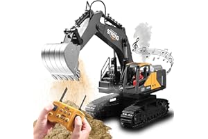 TOMOROY Fernbedienung Bagger Spielzeug 16 Kanal Fernbedienungsbagger Konstruktionsspielzeug Traktor, Simulierter Rauch, Klang, Beleuchtung, Metallgrabenkopf, RC-LKW-Geschenke für Jungen