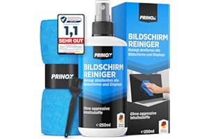 PRINOX® Bildschirmreiniger Set 250ml mit Mikrofasertuch & Pinsel - Display Reiniger für alle Handy, Laptop und Fernseh Displa