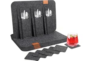Cinnani Tischset Filz 18er Set, 6 Platzsets Filz, 6 Filzuntersetzer, 6 Bestecksäcken, Rutschfest Platzdeckchen Abwaschbar Tischsets, Esstisch Unterlage, Tischuntersetzer, Platzset in Anthrazit