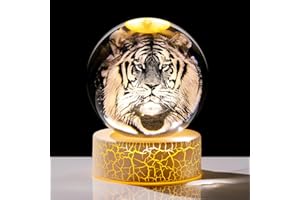 Arikyrist 3.15"/ 8cm K9 Crystal Ball Engraved 3D Tiger Collectible Sphere with LED Lamp Stand, Glass Tiger Ornament Gifts for Women Men Animal Home Office Paperweight Centrepiece