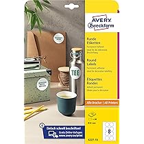 Avery Zweckform 6227-10 Étiquettes rondes (80 pastilles adhésives, 65 mm sur A4, autocollants ronds à imprimer, étiquettes de produits autocollantes, étiquettes permanentes) 10 feuilles, blanc