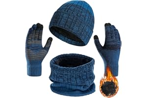 Geebuzz 3 Pcs Winter Hat Scarf Gloves for Men Women Warm Fleece Knit Beanie Hat Touchscreen Gloves Neck Scarf Gifts for Men