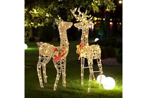 GOPLUS 2 Renos de Navidad Exterior, Juego de 2 Ciervos Iluminados, Decoración Navidad Blanco Cálido con 200 Luces LED,Función de Temporizador, Luz Intermitente, Reno Grande de 110 cm para Jardín Patio