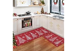 CAROMIO Weihnachts Küchenteppich Sets, Weihnachts Küchenmatte Frohe Weihnachten und Schneeflocke 2-teilig rutschfeste Läufer Teppich-Set Bodenmatte für Heimdekoration, 40 x 60 cm + 40 x 120 cm