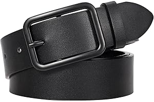 LEACOOLKEY Women Classic Black Leather Belt With Square Black Buckle For Jeans Pants