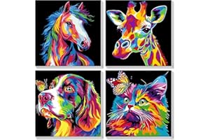 Lxmsja 4 Pack Animales Coloridos Pintar por Números con Marco, DIY Cuadros, Lienzos para Adultos y Niños, Pintura Acrílica Manualidades, 20x20cm