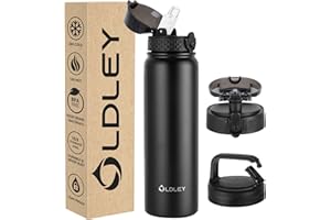 OLDLEY Borraccia Acciaio Inossidabile con Cannuccia 1L Isolamento Sottovuoto Grande Borraccia Metallo Bottiglie d'Acqua Tenuta Stagna Mantiene Le Bevande Calde Fredde per Campeggio Palestra con 3 Coperchi