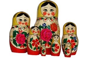 N_FROMM Matroschka Semenovskaya Babuschka Puppen russische Matrjoschka Original Klassisch Gelbes Tuch Set aus 7 Holzpuppen in Höhe 17cm