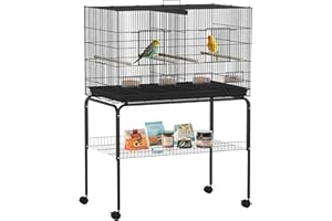 PawHut Jaula para Pájaros con Divisor Pajarera con Ruedas 4 Comederos 4 Perchas y Bandeja Extraíble Jaula para Loros Canarios Periquitos 94x57x128 cm Negro