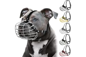 BUDKAS Amstaff - Museruola per cani Pitbull, con maschera in metallo, regolabile, resistente, cinghie in pelle per cani di taglia grande (acciaio)