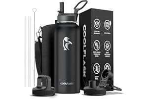 Coolflask 1180ml Insulated Water Bottle with Straw & 3 Lids, Metal Water Bottle for Sports or Office, Double Vacuum Leak Proof Cold and Hot Water Bottle, Easy to Clean, Black