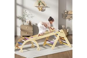 BanaSuper 3 in 1 Kinder Regenbogen Dreieck Kletterer Set Faltbares Kletterdreieck aus Holz mit Rampe Waldorfrocker Wippe Rocker Kletterbogen Montessori Spielzeug für Kleinkinder