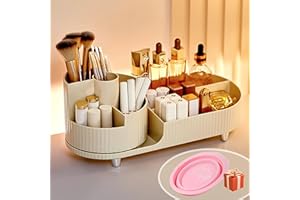 JVISION Rangement Maquillage Rotatif et Compartiments 2 en 1, Pot a Pinceaux Maquillage, 360 Degrés Organisateur Maquillage pour Chambre, Salle de Bain, Rangement Coiffeuse, Rangement Parfum