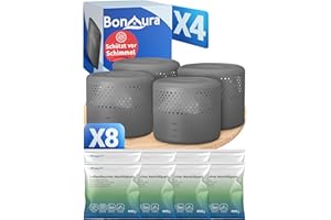 BonAura® 4x Luftentfeuchter ohne Strom + 8x 400g Luftenfeuchter Nachfüllpack - Raumentfeuchter bis 40m² für Keller, Bad uvm. - Entfeuchter und Luftentfeuchter Granulat im Set - Schutz vor Schimmel