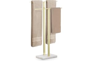 KES Standing Towel Rail with Marble Base, 2-Tier Towel Stand for Bathroom Floor, T-Shaped Towel Drying Rack Gold, SUS304 Stainless Steel, Brushed Brass Finish, BTH217-BZ
