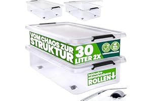Deuba® Aufbewahrungsboxen 2 x 30l mit Deckel und Rollen, stapelbar, transparent Kunststoff BPA-frei Klickverschluss, RB60 für Büro, Garage, Waschraum