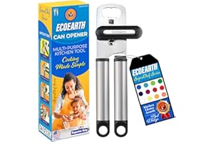 EcoEarth Apriscatole per impieghi gravosi (acciaio inossidabile e nero), apriscatole portatile manuale con presa facile, utensile da cucina multiuso, manopola Easy Turn con apribottiglie