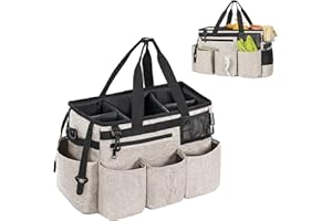 OUUTMEE Torba do czyszczenia 20 x 38 x 26 cm, z wyjmowaną przegródką, torba do czyszczenia, przenośny organizer na środki czyszczące, z regulowanym paskiem na ramię, beżowa, duża