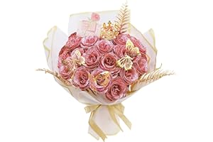 AIGOCITY 24 Pcs Glitter Roses Bouquet,Artificial Rose Bouquet,Sparkly Rose,DIY Fake Glitter Bouquets with Crown Card 3D Butterfly for Birthday Gifts Wedding Valentine's Day Mother's Day (Light Pink)