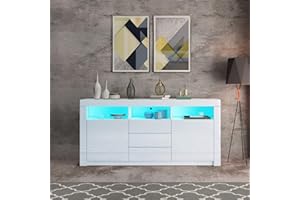 HOME EAGLES LIMITED Sideboards for Living Room, Modern Kitchen Cabinet with 2 Doors 3 Drawers, LED Storage Cupboard TV Stand Unit with Led Light, White, 160 x 35 x 72cm