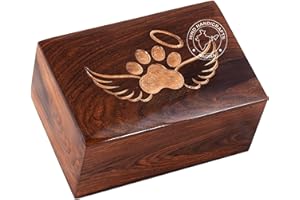Hind Handicrafts Haustierurne mit Pfotengravur aus Palisander für Hunde und Katzen, Gedenkurne für Asche, Foto-Holzbox, Feuerbestattungsurne (45 Kubikin), Engelsflügel – Weiß